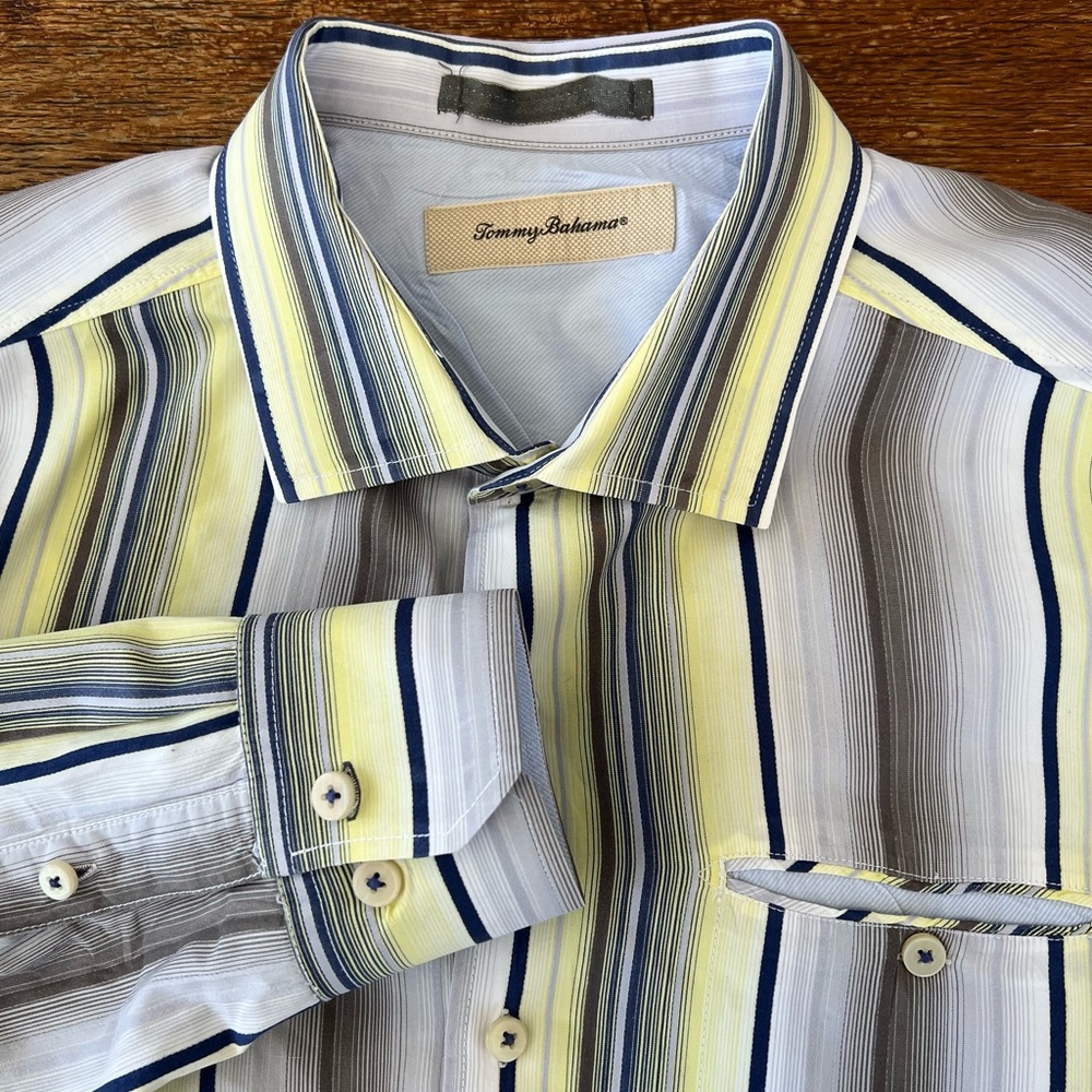 Tommy Bahama Mens Button Up Shirt Long Sleeve Striped Yellow Gray Cotton Silk XL